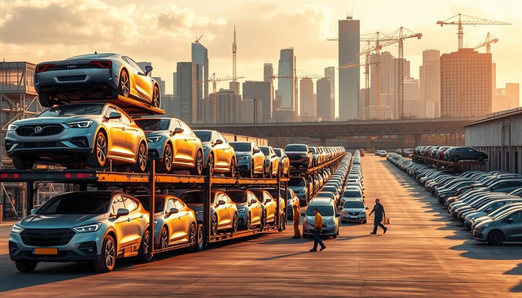 A bustling car shipping yard in Houston, Texas, with rows of neatly stacked vehicles awaiting transport. The foreground features a modern car carrier truck, its trailer loaded with gleaming, freshly washed automobiles. In the middle ground, workers diligently prepare the vehicles for shipment, securing them with tie-downs and inspecting for any damages. The background showcases the city skyline, with towering skyscrapers and cranes dotting the horizon, creating a dynamic and industrious atmosphere. The lighting is warm and golden, casting a soft glow over the scene, conveying a sense of efficiency and professionalism in the car shipping process.