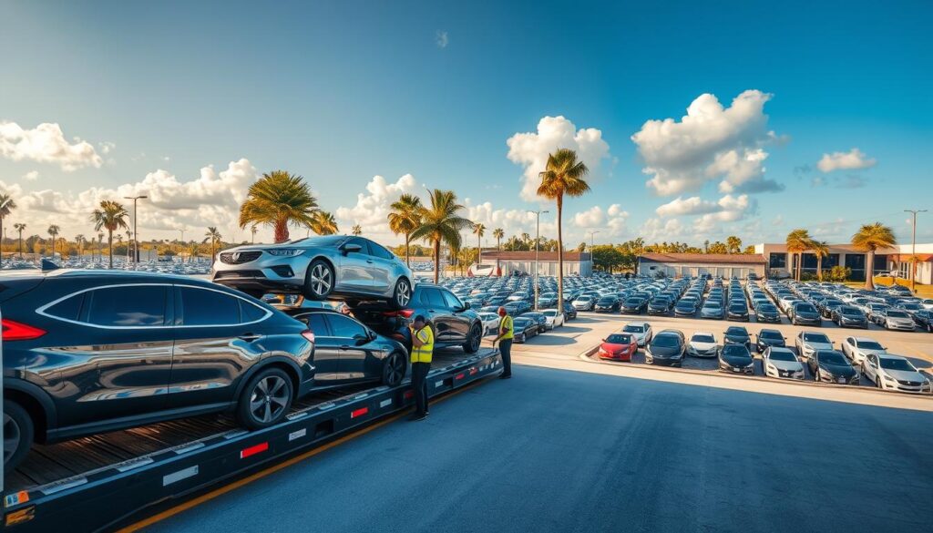 A bustling car shipping yard in Pompano Beach, Florida. In the foreground, several automobiles are being expertly loaded onto a large transport carrier, their glossy exteriors reflecting the warm coastal sun. In the middle ground, workers in safety gear diligently secure the vehicles, ensuring a safe and efficient delivery. The background features a sprawling storage lot, rows of cars awaiting their turn to be shipped, with the iconic palm trees and blue skies of the region providing a picturesque backdrop. The scene conveys a sense of professionalism and attention to detail, capturing the reliable auto transport services available in this vibrant coastal community.
