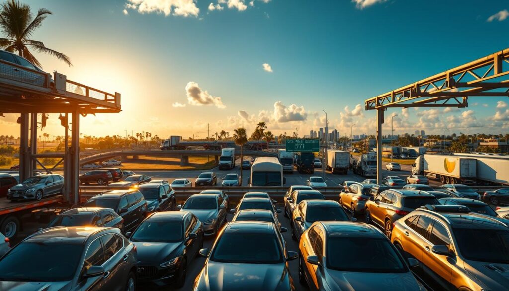 A bustling car shipping yard near the intersection of I-75 and I-595 in Davie, Florida. In the foreground, rows of shiny, late-model vehicles await transport, their reflections glistening in the warm, afternoon sunlight. Towering car carriers and skilled drivers meticulously load and unload the precious cargo, ensuring safe passage. In the middle ground, the busy highway hums with traffic, cars and trucks flowing like a river of steel. The background is a tapestry of lush palm trees, azure skies, and the distant silhouettes of commercial buildings, capturing the essence of the vibrant Davie community. An cinematic, wide-angle perspective showcases the efficient, professional nature of the auto transport operation. A bustling car shipping yard near the intersection of I-75 and I-595 in Davie, Florida. In the foreground, rows of shiny, late-model vehicles await transport, their reflections glistening in the warm, afternoon sunlight. Towering car carriers and skilled drivers meticulously load and unload the precious cargo, ensuring safe passage. In the middle ground, the busy highway hums with traffic, cars and trucks flowing like a river of steel. The background is a tapestry of lush palm trees, azure skies, and the distant silhouettes of commercial buildings, capturing the essence of the vibrant Davie community. An cinematic, wide-angle perspective showcases the efficient, professional nature of the auto transport operation.
