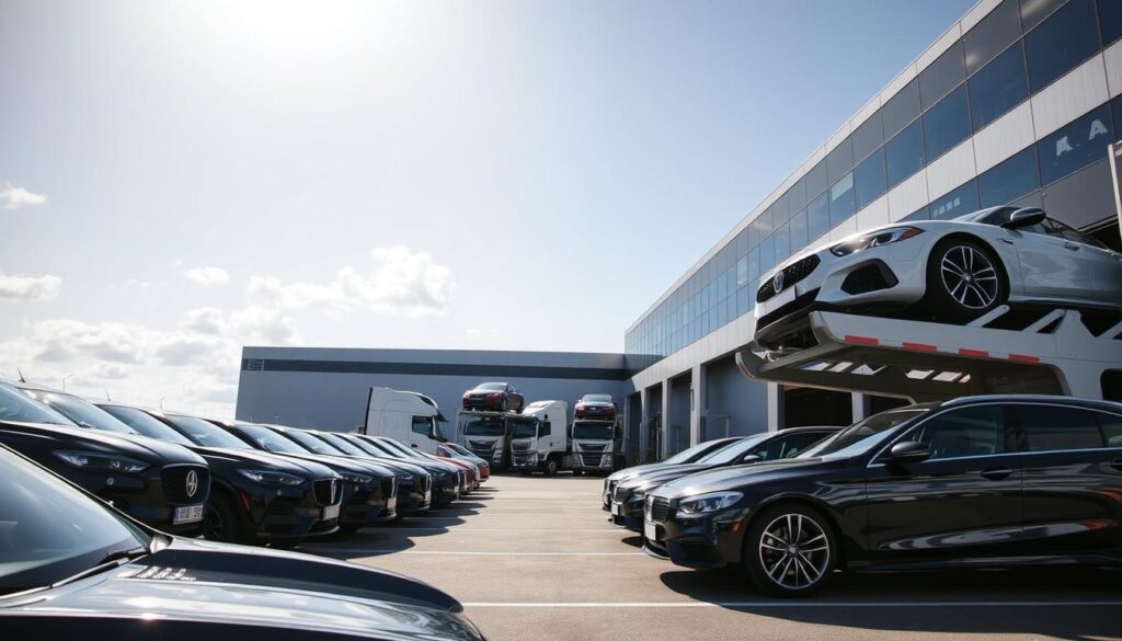 A bustling car shipping yard on a bright, sunny day. In the foreground, a row of shiny new cars, meticulously detailed, are being loaded onto a large, towering car carrier. The mid-ground features a fleet of specialized car transport trucks, their hydraulic lifts raised, ready to receive the next batch of vehicles. In the background, a modern warehouse facility with sleek, contemporary architecture dominates the scene, its glass facade reflecting the cloudless sky. The overall mood is one of efficiency, professionalism, and a well-oiled logistics operation, capturing the essence of a top-tier car shipping company. A bustling car shipping yard on a bright, sunny day. In the foreground, a row of shiny new cars, meticulously detailed, are being loaded onto a large, towering car carrier. The mid-ground features a fleet of specialized car transport trucks, their hydraulic lifts raised, ready to receive the next batch of vehicles. In the background, a modern warehouse facility with sleek, contemporary architecture dominates the scene, its glass facade reflecting the cloudless sky. The overall mood is one of efficiency, professionalism, and a well-oiled logistics operation, capturing the essence of a top-tier car shipping company.
