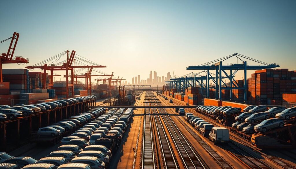 A bustling cargo port in Largo, Florida, with towering cranes and containers stacked high. The scene is bathed in warm, golden sunlight, casting long shadows across the docks. In the foreground, a fleet of car carriers waits patiently, their ramps open and ready to receive the vehicles that will be shipped across the country. The middle ground is filled with a maze of crisscrossing railway tracks and forklifts efficiently moving goods. In the distance, the silhouettes of skyscrapers and palm trees create a picturesque skyline, hinting at the thriving commercial hub that Largo has become. The overall mood is one of efficient, well-oiled logistics, reflecting Largo's strategic position as a prime location for car shipping and transportation. A bustling cargo port in Largo, Florida, with towering cranes and containers stacked high. The scene is bathed in warm, golden sunlight, casting long shadows across the docks. In the foreground, a fleet of car carriers waits patiently, their ramps open and ready to receive the vehicles that will be shipped across the country. The middle ground is filled with a maze of crisscrossing railway tracks and forklifts efficiently moving goods. In the distance, the silhouettes of skyscrapers and palm trees create a picturesque skyline, hinting at the thriving commercial hub that Largo has become. The overall mood is one of efficient, well-oiled logistics, reflecting Largo's strategic position as a prime location for car shipping and transportation.