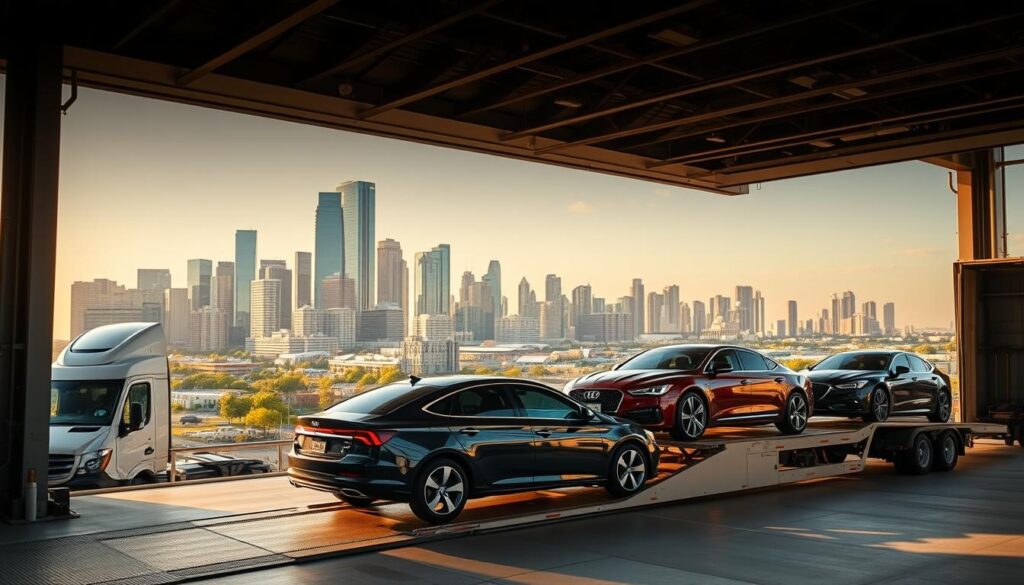 A bustling city skyline of Dallas, Texas, with towering skyscrapers and a vibrant urban landscape. In the foreground, a state-of-the-art car shipping facility, its sleek modern design complementing the urban backdrop. Gleaming new vehicles are carefully loaded onto specialized transport trucks, their chrome and paint shimmering under the warm, golden afternoon sunlight. The scene exudes a sense of efficiency, professionalism, and attention to detail, reflecting the exceptional standards of the Dallas auto transport services featured in the article. A bustling city skyline of Dallas, Texas, with towering skyscrapers and a vibrant urban landscape. In the foreground, a state-of-the-art car shipping facility, its sleek modern design complementing the urban backdrop. Gleaming new vehicles are carefully loaded onto specialized transport trucks, their chrome and paint shimmering under the warm, golden afternoon sunlight. The scene exudes a sense of efficiency, professionalism, and attention to detail, reflecting the exceptional standards of the Dallas auto transport services featured in the article.