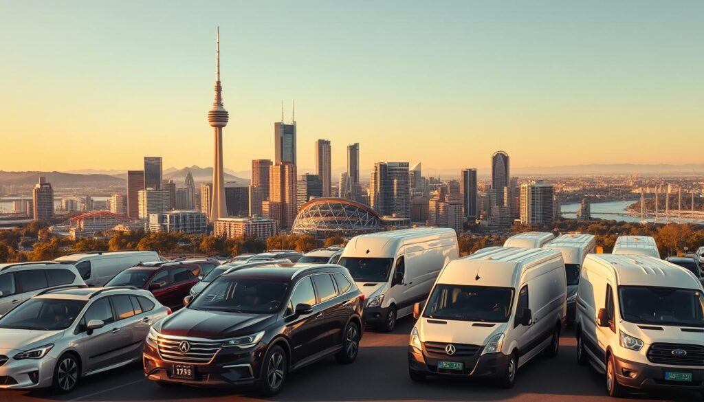 A bustling city skyline of Melbourne, Australia, captured in a vibrant, dynamic composition. In the foreground, a fleet of modern, well-maintained transport vehicles - sleek sedans, sturdy SUVs, and reliable cargo vans - convey a sense of efficiency and professionalism. The middle ground features iconic landmarks like the Eureka Tower and the MCG, bathed in warm, golden light, symbolizing the city's rich heritage and reputation. In the background, a picturesque vista of the Yarra River and the distant hills, creating a sense of depth and tranquility, contrasting with the urban energy in the foreground. The scene is illuminated by a soft, diffuse lighting, casting subtle shadows and highlights, evoking a sense of reliability, expertise, and national reach. A bustling city skyline of Melbourne, Australia, captured in a vibrant, dynamic composition. In the foreground, a fleet of modern, well-maintained transport vehicles - sleek sedans, sturdy SUVs, and reliable cargo vans - convey a sense of efficiency and professionalism. The middle ground features iconic landmarks like the Eureka Tower and the MCG, bathed in warm, golden light, symbolizing the city's rich heritage and reputation. In the background, a picturesque vista of the Yarra River and the distant hills, creating a sense of depth and tranquility, contrasting with the urban energy in the foreground. The scene is illuminated by a soft, diffuse lighting, casting subtle shadows and highlights, evoking a sense of reliability, expertise, and national reach.