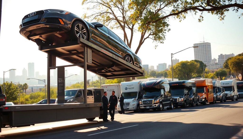 A bustling city street in Alamo Heights, San Antonio, with a fleet of well-maintained auto transport vehicles prominently displayed. In the foreground, a gleaming car carrier truck gently lowers a luxury sedan onto its loading platform, attended by uniformed drivers. The middle ground features a collection of enclosed car haulers and open-air car transporters, their logos and branding clearly visible. In the background, the skyline of Alamo Heights is framed by a bright, sun-dappled day, with a slight haze suggesting a warm, welcoming atmosphere. The scene conveys a sense of professionalism, reliability, and the confidence that Alamo Heights residents have in the local auto transport services. A bustling city street in Alamo Heights, San Antonio, with a fleet of well-maintained auto transport vehicles prominently displayed. In the foreground, a gleaming car carrier truck gently lowers a luxury sedan onto its loading platform, attended by uniformed drivers. The middle ground features a collection of enclosed car haulers and open-air car transporters, their logos and branding clearly visible. In the background, the skyline of Alamo Heights is framed by a bright, sun-dappled day, with a slight haze suggesting a warm, welcoming atmosphere. The scene conveys a sense of professionalism, reliability, and the confidence that Alamo Heights residents have in the local auto transport services.