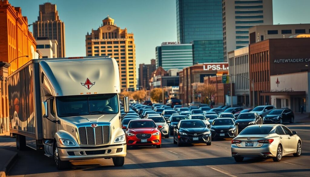 A bustling city street in Lubbock, Texas, with a prominent auto transport truck in the foreground. The truck is a large, well-maintained vehicle with the company's logo prominently displayed. In the middle ground, there are several cars of various makes and models, representing the diverse range of vehicles that the auto transport service caters to. The background features the distinctive architecture of Lubbock, including a mix of modern and historic buildings, creating a vibrant and authentic urban setting. The scene is illuminated by warm, natural lighting, casting long shadows and creating a sense of depth and perspective. The overall atmosphere conveys a sense of professionalism, reliability, and the efficient transportation of valuable automobiles. A bustling city street in Lubbock, Texas, with a prominent auto transport truck in the foreground. The truck is a large, well-maintained vehicle with the company's logo prominently displayed. In the middle ground, there are several cars of various makes and models, representing the diverse range of vehicles that the auto transport service caters to. The background features the distinctive architecture of Lubbock, including a mix of modern and historic buildings, creating a vibrant and authentic urban setting. The scene is illuminated by warm, natural lighting, casting long shadows and creating a sense of depth and perspective. The overall atmosphere conveys a sense of professionalism, reliability, and the efficient transportation of valuable automobiles.