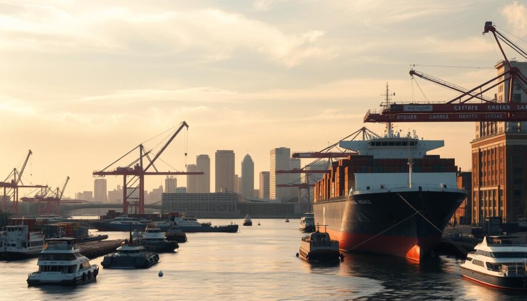 A bustling harbor scene in Huntsville, Alabama. In the foreground, a towering cargo ship stands proud, its hull glistening in the warm, golden sunlight. Sleek, modern cranes carefully load and unload freight, their graceful movements captured in a cinematic wide-angle shot. In the middle ground, a fleet of smaller transport vessels dot the calm waters, ferrying goods to and fro. The background is dominated by the city skyline, a mix of modern high-rises and historic brick buildings. Wispy clouds drift overhead, casting soft shadows on the scene below. The overall atmosphere is one of efficiency, reliability, and the steady pulse of commerce that defines Huntsville's thriving auto transport and car shipping industry. A bustling harbor scene in Huntsville, Alabama. In the foreground, a towering cargo ship stands proud, its hull glistening in the warm, golden sunlight. Sleek, modern cranes carefully load and unload freight, their graceful movements captured in a cinematic wide-angle shot. In the middle ground, a fleet of smaller transport vessels dot the calm waters, ferrying goods to and fro. The background is dominated by the city skyline, a mix of modern high-rises and historic brick buildings. Wispy clouds drift overhead, casting soft shadows on the scene below. The overall atmosphere is one of efficiency, reliability, and the steady pulse of commerce that defines Huntsville's thriving auto transport and car shipping industry.
