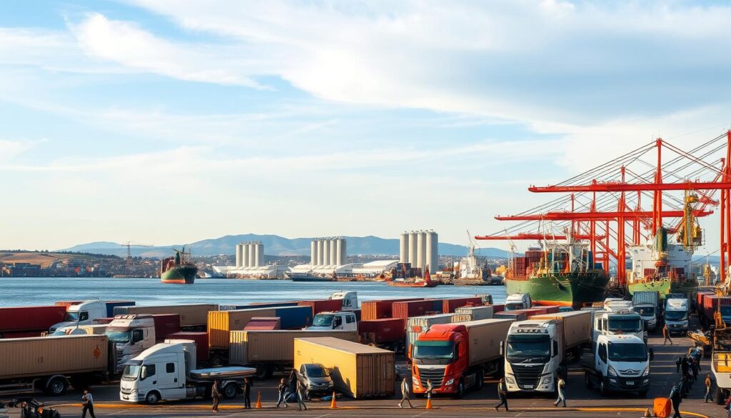 A bustling harbor scene in Stephenville, with cargo ships and container vessels docked along the quayside. The water is calm, reflecting the vibrant colors of the sky. In the foreground, a cluster of freight trucks and auto transport carriers are loading and unloading vehicles, the workers hustling with purpose. The middle ground features the town's skyline, with towering grain silos and industrial warehouses. In the background, rolling hills and a hazy blue horizon create a sense of depth and scale. The lighting is soft and warm, creating a sense of activity and productivity. Shot with a wide-angle lens to capture the full scope of the scene. A bustling harbor scene in Stephenville, with cargo ships and container vessels docked along the quayside. The water is calm, reflecting the vibrant colors of the sky. In the foreground, a cluster of freight trucks and auto transport carriers are loading and unloading vehicles, the workers hustling with purpose. The middle ground features the town's skyline, with towering grain silos and industrial warehouses. In the background, rolling hills and a hazy blue horizon create a sense of depth and scale. The lighting is soft and warm, creating a sense of activity and productivity. Shot with a wide-angle lens to capture the full scope of the scene.