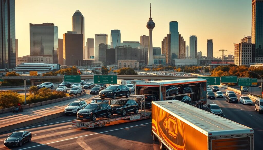 A bustling highway intersection in Dallas-Fort Worth, with towering skyscrapers and the iconic Reunion Tower in the background. In the foreground, a gleaming auto transport carrier is loading several vehicles, showcasing the efficiency and convenience of shipping cars from this strategic transportation hub. The scene is bathed in warm, golden light, conveying the benefits of using this regional logistics center to save time and money on cross-country auto transport.