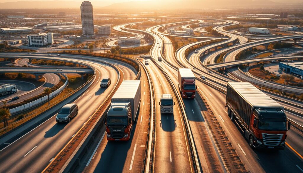 A bustling highway intersection with various routes branching out, showcasing the popular vehicle shipping corridors from Donna. In the foreground, large semi-trucks and trailers transport automobiles on the main thoroughfares, their cargo visible through open-air carriers. The middle ground features winding roads leading to major hubs and distribution centers, while the background depicts a cityscape with modern skyscrapers and warehouses, hinting at the diverse logistics network. The scene is illuminated by warm, golden sunlight, creating a sense of energy and efficiency in the vehicle shipping industry. Wide-angle lens captures the scale and interconnectedness of the popular routes destination. A bustling highway intersection with various routes branching out, showcasing the popular vehicle shipping corridors from Donna. In the foreground, large semi-trucks and trailers transport automobiles on the main thoroughfares, their cargo visible through open-air carriers. The middle ground features winding roads leading to major hubs and distribution centers, while the background depicts a cityscape with modern skyscrapers and warehouses, hinting at the diverse logistics network. The scene is illuminated by warm, golden sunlight, creating a sense of energy and efficiency in the vehicle shipping industry. Wide-angle lens captures the scale and interconnectedness of the popular routes destination.