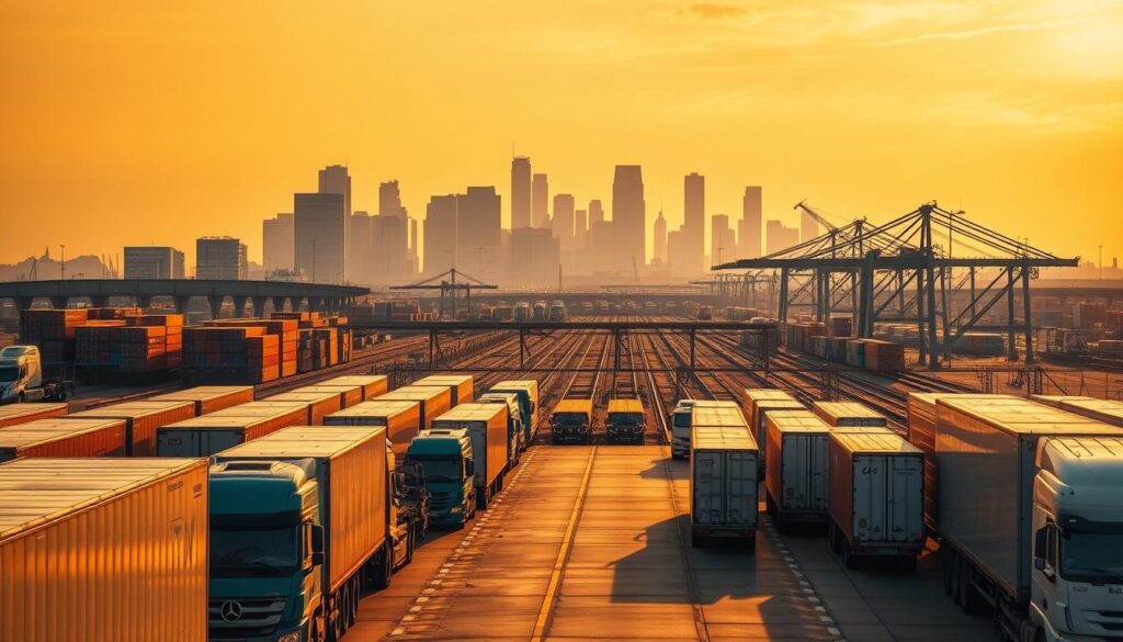 A bustling inland port city, Laredo, Texas is captured in a sweeping, cinematic shot. In the foreground, a fleet of cargo trucks and trailers line up at a modern shipping terminal, their glossy exteriors reflecting the warm, golden light of the setting sun. The middle ground is dominated by a network of rail lines and cranes, orchestrating the efficient transfer of goods between modes of transportation. In the distance, the iconic silhouettes of the city's skyscrapers and bridges rise against a vibrant, hazy sky, conveying Laredo's strategic importance as a crucial hub for cross-border trade and commerce. The overall scene evokes a sense of industrial dynamism, technological prowess, and Laredo's pivotal role in the seamless flow of goods across the United States and beyond. A bustling inland port city, Laredo, Texas is captured in a sweeping, cinematic shot. In the foreground, a fleet of cargo trucks and trailers line up at a modern shipping terminal, their glossy exteriors reflecting the warm, golden light of the setting sun. The middle ground is dominated by a network of rail lines and cranes, orchestrating the efficient transfer of goods between modes of transportation. In the distance, the iconic silhouettes of the city's skyscrapers and bridges rise against a vibrant, hazy sky, conveying Laredo's strategic importance as a crucial hub for cross-border trade and commerce. The overall scene evokes a sense of industrial dynamism, technological prowess, and Laredo's pivotal role in the seamless flow of goods across the United States and beyond.