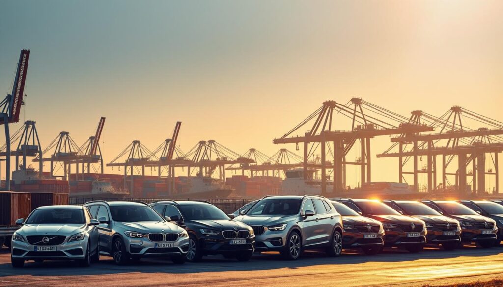 A bustling port city in Ukraine, Odessa is a hub for international car shipping. Against a backdrop of towering cranes and cargo containers, a fleet of car carriers stand ready to transport vehicles across the Black Sea. In the foreground, a line of gleaming automobiles await their journey, bathed in warm, golden light filtered through a hazy sky. The scene conveys a sense of efficiency and global connectivity, as Odessa's strategic location facilitates the seamless movement of goods and vehicles across borders. This dynamic, photorealistic image captures the essence of Odessa's role as a reliable auto transport and car shipping destination. A bustling port city in Ukraine, Odessa is a hub for international car shipping. Against a backdrop of towering cranes and cargo containers, a fleet of car carriers stand ready to transport vehicles across the Black Sea. In the foreground, a line of gleaming automobiles await their journey, bathed in warm, golden light filtered through a hazy sky. The scene conveys a sense of efficiency and global connectivity, as Odessa's strategic location facilitates the seamless movement of goods and vehicles across borders. This dynamic, photorealistic image captures the essence of Odessa's role as a reliable auto transport and car shipping destination.