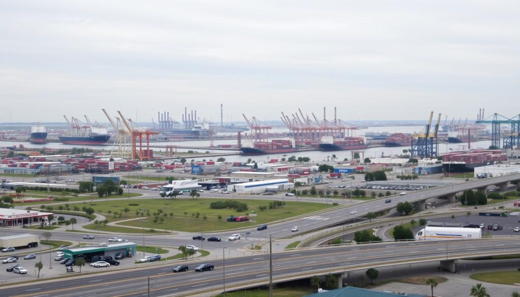 A bustling port city landscape, showcasing the key service areas of Port Arthur, Texas. In the foreground, a network of well-maintained roads and highways lead to various auto repair shops, car dealerships, and transportation hubs. The middle ground features the iconic docks and cargo terminals of the Port Arthur seaport, with ships and cranes in active operation. In the background, the skyline is dotted with towering oil refineries and industrial facilities, casting a warm, golden glow under a soft, overcast sky. The scene conveys a sense of efficiency, productivity, and the integral role that transportation and logistics play in the lifeblood of this thriving Gulf Coast community. A bustling port city landscape, showcasing the key service areas of Port Arthur, Texas. In the foreground, a network of well-maintained roads and highways lead to various auto repair shops, car dealerships, and transportation hubs. The middle ground features the iconic docks and cargo terminals of the Port Arthur seaport, with ships and cranes in active operation. In the background, the skyline is dotted with towering oil refineries and industrial facilities, casting a warm, golden glow under a soft, overcast sky. The scene conveys a sense of efficiency, productivity, and the integral role that transportation and logistics play in the lifeblood of this thriving Gulf Coast community.