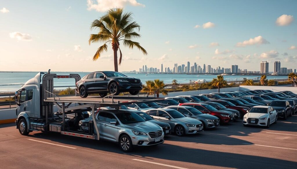 A bustling port city set against a vibrant coastal backdrop, Port St. Lucie is the backdrop for a scene of trusted auto transport services. In the foreground, a gleaming car carrier truck stands ready to transport vehicles with care, its silver chassis and hydraulic lifts reflecting the warm Florida sun. In the middle ground, rows of neatly parked cars await their journey, their polished exteriors catching the light. Beyond, the city skyline rises, with palm trees swaying gently in the ocean breeze. The scene conveys a sense of efficiency, reliability, and the expertise needed to handle the auto transport needs of Port St. Lucie's drivers. A bustling port city set against a vibrant coastal backdrop, Port St. Lucie is the backdrop for a scene of trusted auto transport services. In the foreground, a gleaming car carrier truck stands ready to transport vehicles with care, its silver chassis and hydraulic lifts reflecting the warm Florida sun. In the middle ground, rows of neatly parked cars await their journey, their polished exteriors catching the light. Beyond, the city skyline rises, with palm trees swaying gently in the ocean breeze. The scene conveys a sense of efficiency, reliability, and the expertise needed to handle the auto transport needs of Port St. Lucie's drivers.