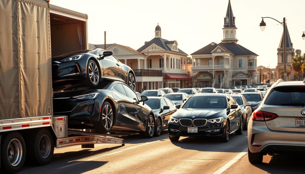 A bustling port city street in Galveston, Texas, on a sunny afternoon. In the foreground, a sleek, modern car is being carefully loaded onto an auto transport truck, its chrome trim gleaming in the warm sunlight. In the middle ground, other vehicles of various makes and models await their turn for shipping, creating a vibrant and dynamic scene. The background is filled with the iconic Victorian-style architecture that defines the historic Galveston landscape, providing a picturesque setting for this professional auto transport operation. The lighting is soft and natural, casting long shadows and highlighting the intricate details of the vehicles and the surrounding environment. The overall mood is one of efficiency, expertise, and the quintessential charm of Galveston's coastal charm. A bustling port city street in Galveston, Texas, on a sunny afternoon. In the foreground, a sleek, modern car is being carefully loaded onto an auto transport truck, its chrome trim gleaming in the warm sunlight. In the middle ground, other vehicles of various makes and models await their turn for shipping, creating a vibrant and dynamic scene. The background is filled with the iconic Victorian-style architecture that defines the historic Galveston landscape, providing a picturesque setting for this professional auto transport operation. The lighting is soft and natural, casting long shadows and highlighting the intricate details of the vehicles and the surrounding environment. The overall mood is one of efficiency, expertise, and the quintessential charm of Galveston's coastal charm.