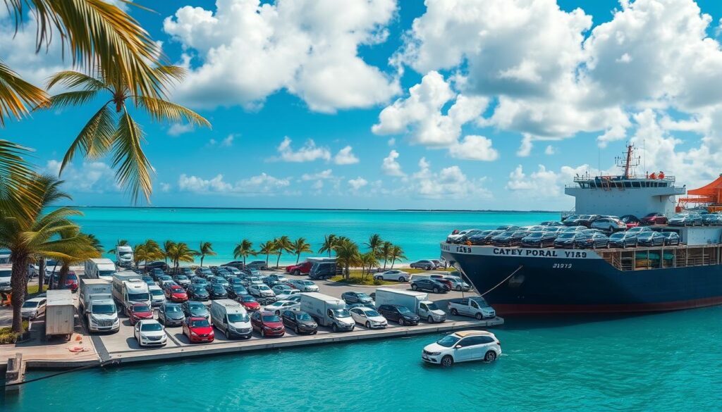 A bustling port scene in Cape Coral, with a large cargo ship in the foreground transporting rows of gleaming automobiles. The ship's hull is painted a deep navy blue, contrasting against the brilliant turquoise waters of the surrounding harbor. In the middle ground, a fleet of car haulers and transport trucks are lined up, ready to offload the vehicles and deliver them to local dealerships and customers. The background is framed by palm trees swaying gently in the coastal breeze, and the sky is a vibrant azure, dotted with fluffy white clouds. The overall atmosphere conveys the efficiency and reliability of the auto transport industry in this thriving coastal city.