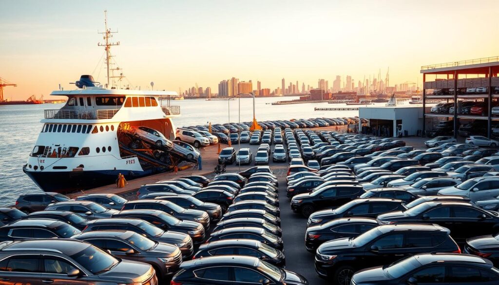 A bustling port scene in Galveston, Texas. In the foreground, a modern car carrier ship is docked, its hydraulic ramps extended, ready to load and unload vehicles. Rows of shiny cars and trucks, freshly washed and polished, await their turn to be transported. The middle ground features a well-organized car storage lot, neatly arranged with various makes and models. In the background, the iconic Galveston harbor and skyline, bathed in warm, golden afternoon light, create a picturesque backdrop. The scene conveys a sense of efficiency, professionalism, and attention to detail, reflecting the reliable and customer-focused car shipping services available in this vibrant coastal city. A bustling port scene in Galveston, Texas. In the foreground, a modern car carrier ship is docked, its hydraulic ramps extended, ready to load and unload vehicles. Rows of shiny cars and trucks, freshly washed and polished, await their turn to be transported. The middle ground features a well-organized car storage lot, neatly arranged with various makes and models. In the background, the iconic Galveston harbor and skyline, bathed in warm, golden afternoon light, create a picturesque backdrop. The scene conveys a sense of efficiency, professionalism, and attention to detail, reflecting the reliable and customer-focused car shipping services available in this vibrant coastal city.