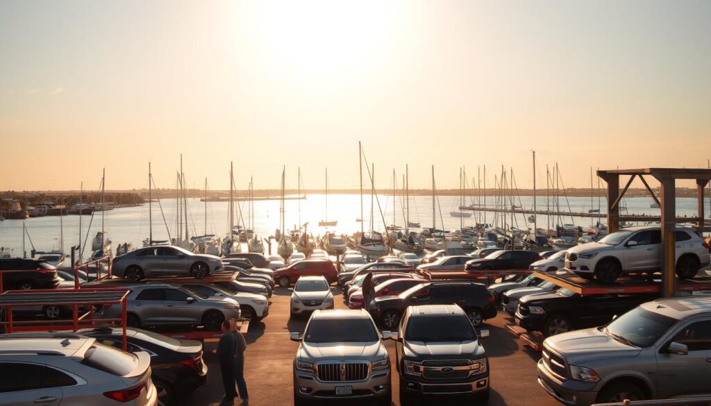 A bustling port scene in New Port Richey, Florida. In the foreground, a fleet of car carriers stand ready to transport vehicles, their sturdy frames and hydraulic lifts a testament to their purpose. Midground, a mix of sedans, SUVs, and pickup trucks await their turn, their owners overseeing the loading process. The background is dominated by the Port Richey harbor, with sailboats and fishing vessels dotting the calm waters, framed by a cloudless sky bathed in warm, golden sunlight. The overall atmosphere conveys efficiency, reliability, and the quintessential Florida coastal charm. A bustling port scene in New Port Richey, Florida. In the foreground, a fleet of car carriers stand ready to transport vehicles, their sturdy frames and hydraulic lifts a testament to their purpose. Midground, a mix of sedans, SUVs, and pickup trucks await their turn, their owners overseeing the loading process. The background is dominated by the Port Richey harbor, with sailboats and fishing vessels dotting the calm waters, framed by a cloudless sky bathed in warm, golden sunlight. The overall atmosphere conveys efficiency, reliability, and the quintessential Florida coastal charm.