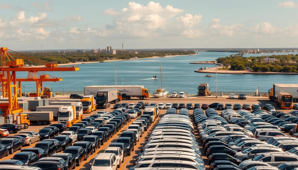 A bustling port scene in Port St. Lucie, Florida, with rows of vehicles neatly arranged, ready for efficient and cost-effective shipping. In the foreground, a fleet of car carriers and transport trucks are being loaded and unloaded, their operators expertly maneuvering the vehicles. The middle ground showcases the modern, well-equipped port facilities, with cranes and storage yards facilitating the smooth flow of cargo. In the background, the serene waters of the St. Lucie River and the lush, verdant landscapes of the Florida coastline create a picturesque backdrop, highlighting the strategic location of this prime vehicle shipping hub. The scene is bathed in warm, golden sunlight, conveying a sense of productivity and prosperity. A bustling port scene in Port St. Lucie, Florida, with rows of vehicles neatly arranged, ready for efficient and cost-effective shipping. In the foreground, a fleet of car carriers and transport trucks are being loaded and unloaded, their operators expertly maneuvering the vehicles. The middle ground showcases the modern, well-equipped port facilities, with cranes and storage yards facilitating the smooth flow of cargo. In the background, the serene waters of the St. Lucie River and the lush, verdant landscapes of the Florida coastline create a picturesque backdrop, highlighting the strategic location of this prime vehicle shipping hub. The scene is bathed in warm, golden sunlight, conveying a sense of productivity and prosperity.