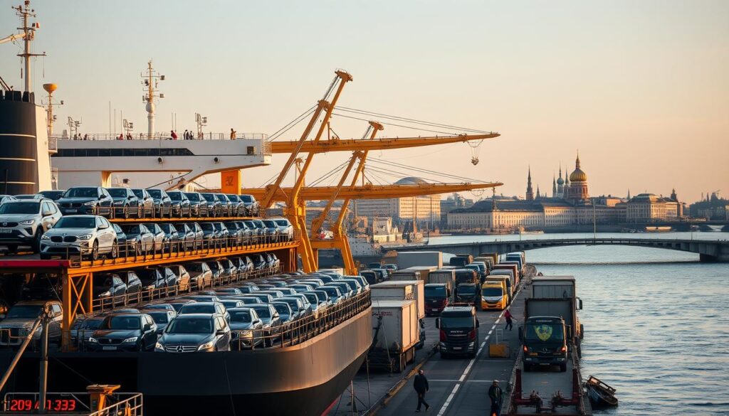 A bustling port scene in St. Petersburg, Russia, where car carriers dock and unload their precious cargo. The foreground features a large vehicle transport ship, its decks laden with neatly arranged automobiles. In the middle ground, cranes and forklifts efficiently move the cars onto waiting trucks and trailers, ready to be delivered to their final destinations. The background showcases the iconic skyline of St. Petersburg, with its historic buildings and bridges reflecting in the calm waters of the Neva River. Soft, warm lighting bathes the scene, creating a welcoming and professional atmosphere for the reliable auto transport and car shipping services operating in this vibrant coastal city. A bustling port scene in St. Petersburg, Russia, where car carriers dock and unload their precious cargo. The foreground features a large vehicle transport ship, its decks laden with neatly arranged automobiles. In the middle ground, cranes and forklifts efficiently move the cars onto waiting trucks and trailers, ready to be delivered to their final destinations. The background showcases the iconic skyline of St. Petersburg, with its historic buildings and bridges reflecting in the calm waters of the Neva River. Soft, warm lighting bathes the scene, creating a welcoming and professional atmosphere for the reliable auto transport and car shipping services operating in this vibrant coastal city.