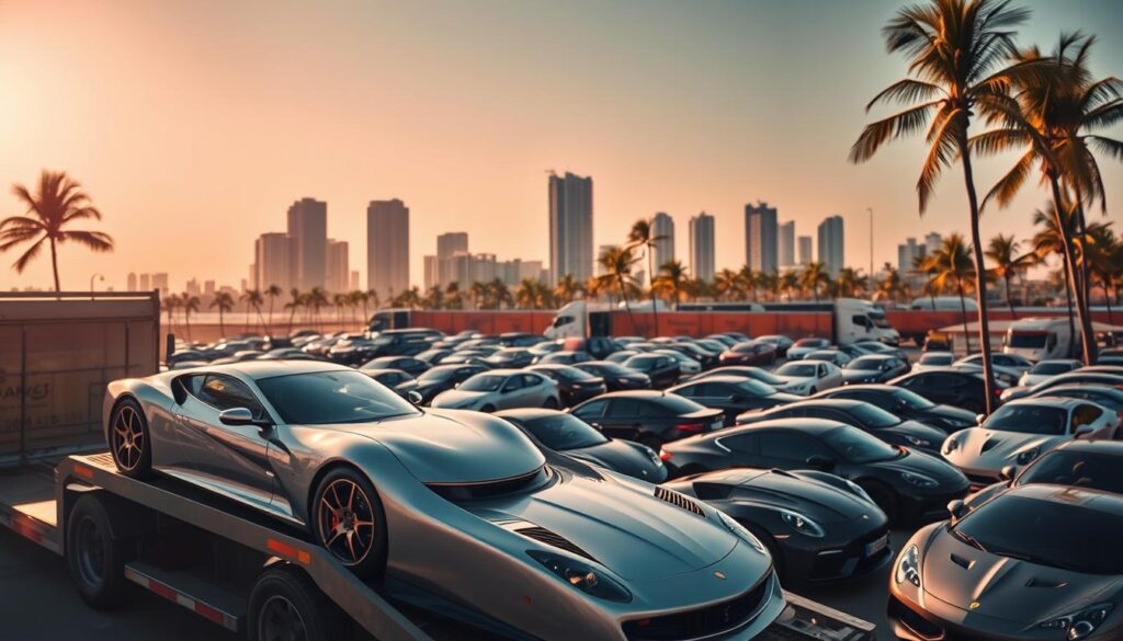 A bustling scene of auto transport and car shipping in North Miami Beach. In the foreground, a glossy, silver sports car sits atop a sturdy car hauler, awaiting its journey to a new destination. The midground features a fleet of diverse vehicles - sedans, SUVs, and exotic models - all neatly arranged, ready for transport. In the background, the iconic skyline of Miami rises, its towering skyscrapers and palm trees creating a vibrant, coastal atmosphere. The scene is bathed in warm, golden sunlight, casting long shadows and highlighting the sleek, polished surfaces of the cars. The overall mood is one of efficiency, professionalism, and the excitement of car enthusiasts embarking on their next adventure. A bustling scene of auto transport and car shipping in North Miami Beach. In the foreground, a glossy, silver sports car sits atop a sturdy car hauler, awaiting its journey to a new destination. The midground features a fleet of diverse vehicles - sedans, SUVs, and exotic models - all neatly arranged, ready for transport. In the background, the iconic skyline of Miami rises, its towering skyscrapers and palm trees creating a vibrant, coastal atmosphere. The scene is bathed in warm, golden sunlight, casting long shadows and highlighting the sleek, polished surfaces of the cars. The overall mood is one of efficiency, professionalism, and the excitement of car enthusiasts embarking on their next adventure.