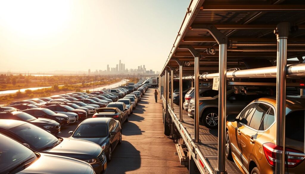 A bustling scene of car transport in Del Rio, Texas. In the foreground, a fleet of gleaming auto carriers waits to load vehicles, their chrome fittings and hydraulic lifts glistening in the warm southwestern sunlight. In the middle ground, cars and trucks of all makes and models line up, ready to be carefully loaded and secured for their journeys. In the background, the iconic Rio Grande flows calmly, the city's skyline rising up beyond. A wide-angle lens captures the scale and efficiency of this reliable auto transport hub, its operators working with precision and care to ensure safe and timely deliveries. A bustling scene of car transport in Del Rio, Texas. In the foreground, a fleet of gleaming auto carriers waits to load vehicles, their chrome fittings and hydraulic lifts glistening in the warm southwestern sunlight. In the middle ground, cars and trucks of all makes and models line up, ready to be carefully loaded and secured for their journeys. In the background, the iconic Rio Grande flows calmly, the city's skyline rising up beyond. A wide-angle lens captures the scale and efficiency of this reliable auto transport hub, its operators working with precision and care to ensure safe and timely deliveries.