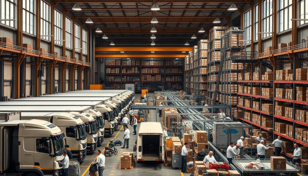 A bustling shipping depot, illuminated by warm overhead lighting and wide open windows. In the foreground, workers diligently load and unload a fleet of trucks, their uniforms crisp and professional. In the middle ground, a network of conveyor belts and sorting stations buzzes with activity, packages of various sizes and shapes moving efficiently through the facility. The background shows towering shelves stocked with labeled inventory, creating a sense of order and organization amidst the hustle and bustle. The overall atmosphere conveys a well-oiled, reliable shipping operation ready to handle any delivery challenge with expertise and care.