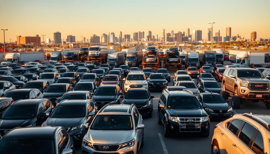 A bustling shipping yard in Brownsville, Texas, with rows of diverse vehicles awaiting transport. The foreground showcases a mix of cars, trucks, and SUVs, their gleaming exteriors reflecting the warm, golden sunlight. In the middle ground, a fleet of specialized car carriers stands ready, their hydraulic lifts and secure tie-down systems ensuring the safe transit of the precious cargo. The background reveals the vibrant urban skyline of Brownsville, with its mix of modern high-rises and historic buildings, emphasizing the city's strategic location as a transport hub. The overall scene conveys the efficiency, reliability, and importance of Brownsville as a central node in the nationwide automotive logistics network. A bustling shipping yard in Brownsville, Texas, with rows of diverse vehicles awaiting transport. The foreground showcases a mix of cars, trucks, and SUVs, their gleaming exteriors reflecting the warm, golden sunlight. In the middle ground, a fleet of specialized car carriers stands ready, their hydraulic lifts and secure tie-down systems ensuring the safe transit of the precious cargo. The background reveals the vibrant urban skyline of Brownsville, with its mix of modern high-rises and historic buildings, emphasizing the city's strategic location as a transport hub. The overall scene conveys the efficiency, reliability, and importance of Brownsville as a central node in the nationwide automotive logistics network.