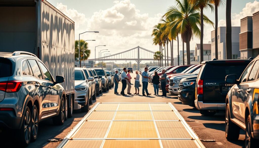 A bustling street in Brownsville, Texas, where cars and trucks of various makes and models line up for auto transport services. In the foreground, a gleaming car carrier trailer stands ready to load vehicles, its ramps extended. In the middle ground, customers converse with helpful staff, discussing logistics and securing their prized possessions for safe delivery. The background is filled with the vibrant urban landscape of Brownsville, with palm trees swaying and the iconic Brownsville Bridge visible in the distance. The scene is bathed in warm, golden light, creating a sense of reliability and professionalism for this reliable auto transport and car shipping business. A bustling street in Brownsville, Texas, where cars and trucks of various makes and models line up for auto transport services. In the foreground, a gleaming car carrier trailer stands ready to load vehicles, its ramps extended. In the middle ground, customers converse with helpful staff, discussing logistics and securing their prized possessions for safe delivery. The background is filled with the vibrant urban landscape of Brownsville, with palm trees swaying and the iconic Brownsville Bridge visible in the distance. The scene is bathed in warm, golden light, creating a sense of reliability and professionalism for this reliable auto transport and car shipping business.