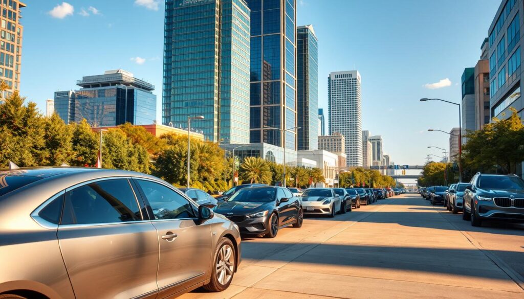 A bustling street in Frisco, Texas, with sleek, modern cars parked along the curb. In the foreground, a gleaming silver sedan with a high-end, aerodynamic design reflects the warm, golden afternoon light. In the middle ground, a range of vehicles, from sporty coupes to spacious SUVs, line the street, each model showcasing the latest advancements in automotive technology. The background features a vibrant urban landscape, with towering glass-and-steel skyscrapers, lush greenery, and a clear, azure sky. The scene conveys a sense of sophistication, efficiency, and the dynamic energy of Frisco's thriving auto transport and car shipping industry.