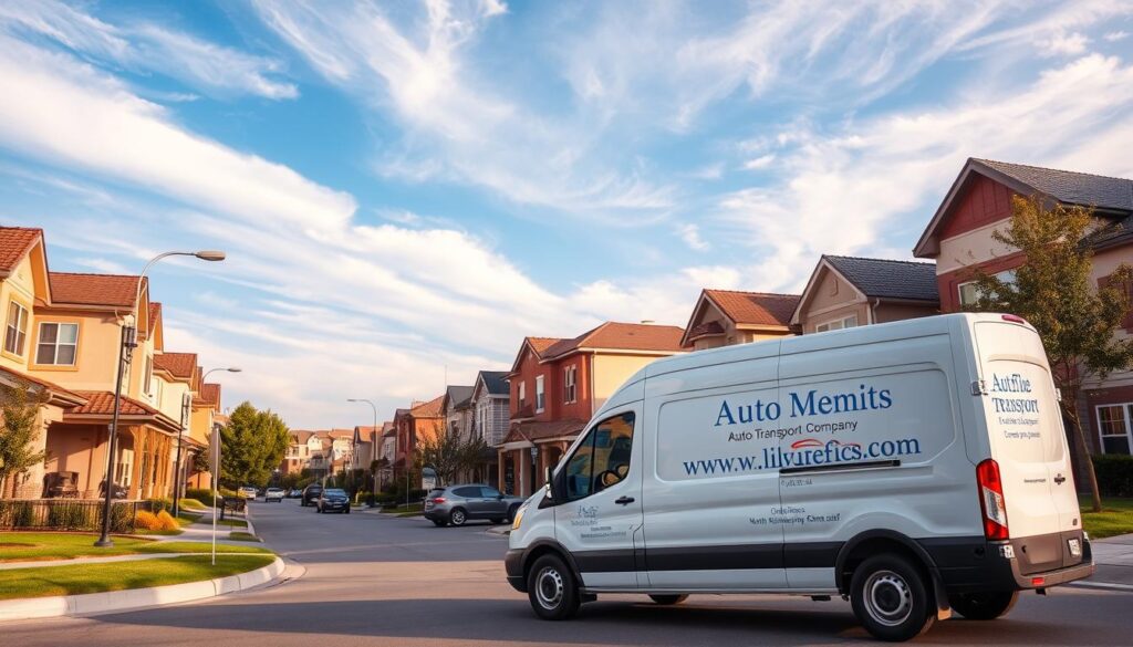 A bustling street in North Richland Hills, Texas, with a prominent delivery van prominently parked in the foreground. The van features the logo and branding of a reliable auto transport company, conveying a sense of professionalism and trustworthiness. The middle ground showcases well-maintained residential and commercial buildings, reflecting the vibrant suburban atmosphere. In the background, a clear blue sky with wispy clouds creates a warm, inviting ambiance. The scene is captured with a wide-angle lens, emphasizing the sense of scale and the importance of the delivery service within the local community. Soft, diffused lighting casts gentle shadows, lending a tranquil and approachable mood to the overall composition.