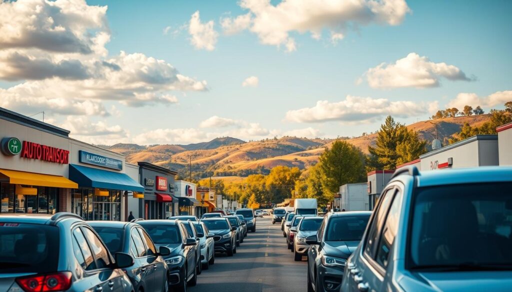 A bustling street scene in Pleasanton, California, captured through the lens of a 50mm prime lens. In the foreground, a fleet of well-maintained vehicles, including sedans, SUVs, and pickup trucks, are lined up, ready for transport. The middle ground features the vibrant storefronts and signage of local auto transport businesses, conveying a sense of professionalism and reliability. In the background, the picturesque hills and trees of Pleasanton's suburban landscape provide a serene backdrop, bathed in warm, golden sunlight filtering through scattered clouds. The overall atmosphere exudes a sense of trust, efficiency, and the expertise expected from Pleasanton's trusted auto transport services.