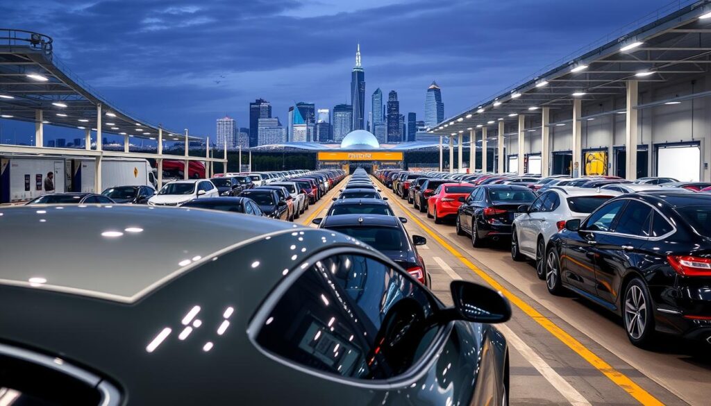 A bustling transportation hub nestled in the heart of Arlington, with rows of cars lined up at a state-of-the-art car shipping facility. In the foreground, a glossy sedan awaits its journey, surrounded by the efficient operations of loading and unloading vehicles. The middle ground showcases the facility's modern architecture, with clean lines and bright lighting guiding the flow of traffic. In the background, the iconic skyline of Arlington rises, a testament to the city's thriving automotive industry. The scene exudes a sense of order, professionalism, and the city's strategic importance as a key hub for reliable vehicle transport. A bustling transportation hub nestled in the heart of Arlington, with rows of cars lined up at a state-of-the-art car shipping facility. In the foreground, a glossy sedan awaits its journey, surrounded by the efficient operations of loading and unloading vehicles. The middle ground showcases the facility's modern architecture, with clean lines and bright lighting guiding the flow of traffic. In the background, the iconic skyline of Arlington rises, a testament to the city's thriving automotive industry. The scene exudes a sense of order, professionalism, and the city's strategic importance as a key hub for reliable vehicle transport.