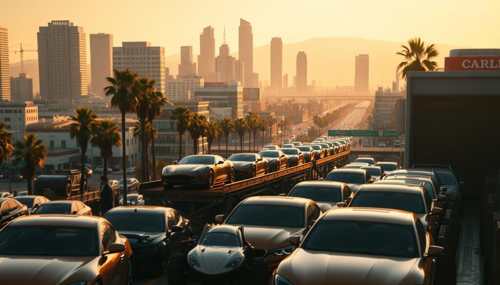 A bustling urban landscape of Los Angeles, with towering skyscrapers and palm trees lining the streets. In the foreground, a fleet of sleek, shiny cars being loaded onto a state-of-the-art car carrier, ready for transport to their destinations. The scene is bathed in warm, golden light, creating a vibrant and dynamic atmosphere. The camera angle is slightly elevated, providing a comprehensive view of the car shipping operation, showcasing the efficiency and professionalism of the industry. The overall mood is one of progress, movement, and the thriving automotive culture of Hollywood. A bustling urban landscape of Los Angeles, with towering skyscrapers and palm trees lining the streets. In the foreground, a fleet of sleek, shiny cars being loaded onto a state-of-the-art car carrier, ready for transport to their destinations. The scene is bathed in warm, golden light, creating a vibrant and dynamic atmosphere. The camera angle is slightly elevated, providing a comprehensive view of the car shipping operation, showcasing the efficiency and professionalism of the industry. The overall mood is one of progress, movement, and the thriving automotive culture of Hollywood.