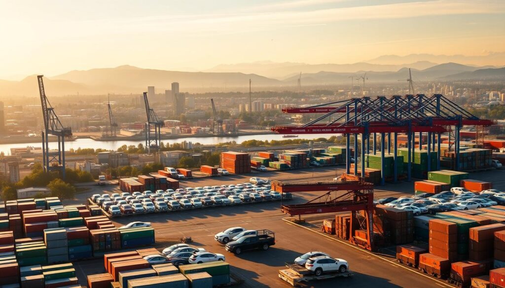 A bustling urban landscape with a modern cargo shipping terminal prominently featured in the foreground. Towering cranes and rows of containers in shades of blue, green, and rust create an imposing industrial skyline. In the middle ground, a fleet of sleek car carriers transport vehicles with precision, while the background showcases the iconic silhouettes of the Cascade Mountains and the Willamette River winding through the heart of the city. Warm, golden sunlight filters through the scene, casting long shadows and highlighting the efficient, well-oiled operations of this thriving Portland car shipping hub. A bustling urban landscape with a modern cargo shipping terminal prominently featured in the foreground. Towering cranes and rows of containers in shades of blue, green, and rust create an imposing industrial skyline. In the middle ground, a fleet of sleek car carriers transport vehicles with precision, while the background showcases the iconic silhouettes of the Cascade Mountains and the Willamette River winding through the heart of the city. Warm, golden sunlight filters through the scene, casting long shadows and highlighting the efficient, well-oiled operations of this thriving Portland car shipping hub.