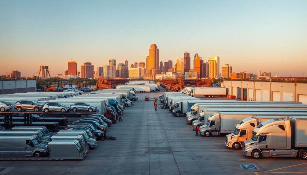 A bustling vehicle transport hub in Fort Worth, Texas, captured in a striking wide-angle shot. In the foreground, a fleet of gleaming car carriers and auto transporters line up, ready to safely deliver vehicles across the region. The middle ground features a well-organized logistics yard, with forklifts and workers efficiently managing the loading and unloading processes. In the background, the distinctive skyline of Fort Worth's downtown area rises, bathed in warm, golden-hour lighting that casts a vibrant, energetic atmosphere over the entire scene. The image conveys the reliable, professional, and customer-focused nature of the vehicle transport company, showcasing their state-of-the-art operations and commitment to delivering exceptional service. A bustling vehicle transport hub in Fort Worth, Texas, captured in a striking wide-angle shot. In the foreground, a fleet of gleaming car carriers and auto transporters line up, ready to safely deliver vehicles across the region. The middle ground features a well-organized logistics yard, with forklifts and workers efficiently managing the loading and unloading processes. In the background, the distinctive skyline of Fort Worth's downtown area rises, bathed in warm, golden-hour lighting that casts a vibrant, energetic atmosphere over the entire scene. The image conveys the reliable, professional, and customer-focused nature of the vehicle transport company, showcasing their state-of-the-art operations and commitment to delivering exceptional service.