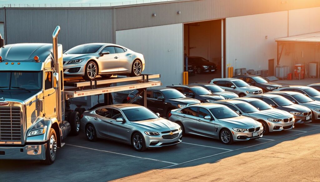 A busy auto transport company lot, with a fleet of diverse vehicles neatly arranged. In the foreground, a modern semi-truck with a fully loaded car carrier, its bright chrome accents gleaming under the warm afternoon sun. In the middle ground, several sedans, SUVs, and pickup trucks await their turn for transport, their exteriors meticulously polished. The background features a well-maintained facility, with a large garage door open, revealing the company's skilled technicians at work. The overall scene conveys a sense of efficiency, professionalism, and a commitment to ensuring the safe and reliable transport of vehicles. A busy auto transport company lot, with a fleet of diverse vehicles neatly arranged. In the foreground, a modern semi-truck with a fully loaded car carrier, its bright chrome accents gleaming under the warm afternoon sun. In the middle ground, several sedans, SUVs, and pickup trucks await their turn for transport, their exteriors meticulously polished. The background features a well-maintained facility, with a large garage door open, revealing the company's skilled technicians at work. The overall scene conveys a sense of efficiency, professionalism, and a commitment to ensuring the safe and reliable transport of vehicles.
