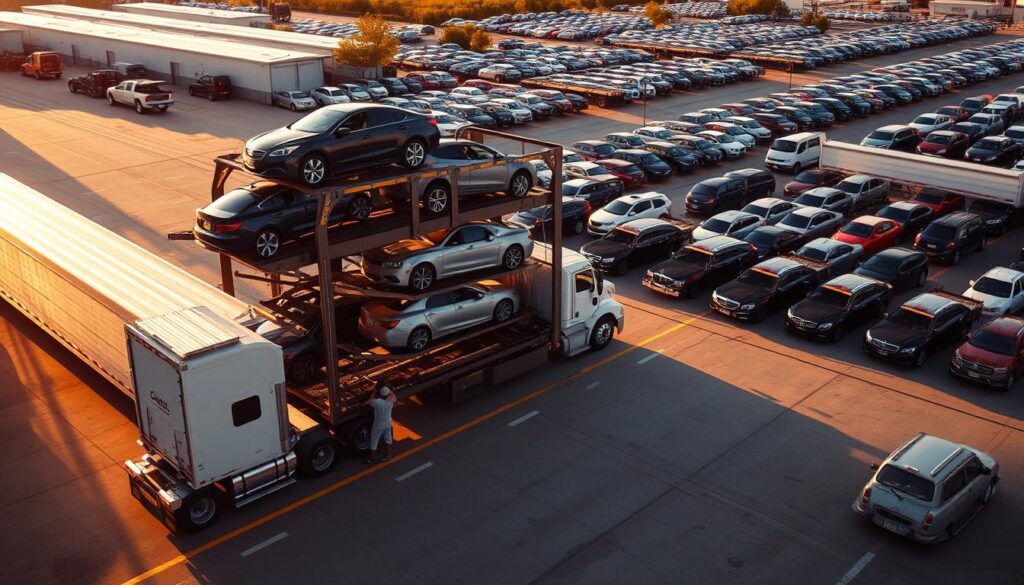 A busy auto transport facility in Lockhart, Texas 78644, with several car carriers loading and unloading vehicles. The foreground features a large semi-truck with a multi-level car carrier, its ramps extended as workers carefully guide cars onto the various decks. In the middle ground, additional car carriers are parked, their loads secured and ready for transport. The background showcases the facility's storage yards, neatly organized rows of vehicles awaiting shipment. The scene is bathed in warm, golden sunlight, creating long shadows and a sense of efficient, well-oiled operations. The overall atmosphere conveys the reliable, professional nature of the auto transport services offered in Lockhart. A busy auto transport facility in Lockhart, Texas 78644, with several car carriers loading and unloading vehicles. The foreground features a large semi-truck with a multi-level car carrier, its ramps extended as workers carefully guide cars onto the various decks. In the middle ground, additional car carriers are parked, their loads secured and ready for transport. The background showcases the facility's storage yards, neatly organized rows of vehicles awaiting shipment. The scene is bathed in warm, golden sunlight, creating long shadows and a sense of efficient, well-oiled operations. The overall atmosphere conveys the reliable, professional nature of the auto transport services offered in Lockhart.