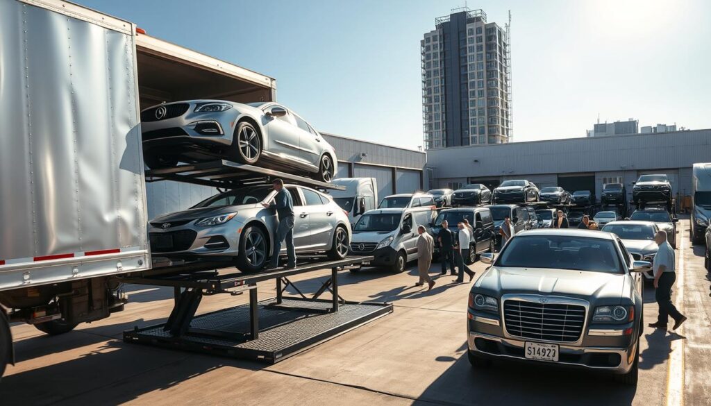A busy auto transport hub in Duncanville, with a fleet of car carriers lined up to load and unload vehicles. In the foreground, a skilled driver expertly maneuvers a car onto the hydraulic lift of a gleaming silver transporter. In the middle ground, customers inspect their vehicles as they're being delivered, while in the background, a towering warehouse and administrative offices loom, conveying the scale and efficiency of the operation. Bright sunlight casts dramatic shadows, illuminating the intricate choreography of this essential logistics network. The scene exudes a sense of professionalism, reliability, and unwavering commitment to safe, timely car shipping.