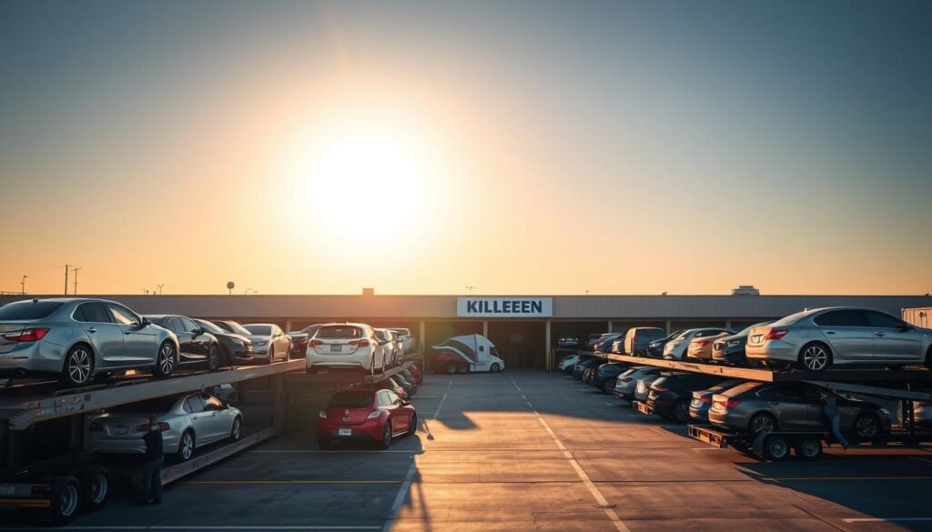A busy auto transport hub in Killeen, Texas. In the foreground, several car carriers loaded with a diverse array of vehicles wait to depart. The middle ground showcases the facility's signage and loading docks, bustling with activity as workers efficiently load and unload cars. In the background, the sun casts a warm, golden glow over the scene, creating a sense of productivity and efficiency. The overall atmosphere conveys the reliability and professionalism of the Killeen car shipping operation, ready to transport vehicles to their destinations with care and precision. A busy auto transport hub in Killeen, Texas. In the foreground, several car carriers loaded with a diverse array of vehicles wait to depart. The middle ground showcases the facility's signage and loading docks, bustling with activity as workers efficiently load and unload cars. In the background, the sun casts a warm, golden glow over the scene, creating a sense of productivity and efficiency. The overall atmosphere conveys the reliability and professionalism of the Killeen car shipping operation, ready to transport vehicles to their destinations with care and precision.