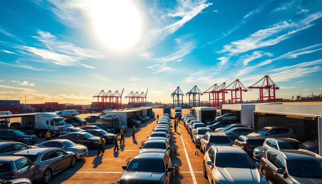 A busy auto transport terminal in Fort Lauderdale, with a fleet of car haulers and transport trucks loading and unloading vehicles. In the foreground, rows of gleaming sedans, SUVs, and sports cars are being carefully maneuvered onto the specialized trailers. Overhead, a clear blue sky with wispy clouds, and the warm, tropical sun casts long shadows across the tarmac. In the middle ground, uniformed workers guide the loading process, using hydraulic lifts and ramps to efficiently load the vehicles. In the background, the port's infrastructure is visible, with cargo containers stacked high and cranes towering over the scene. The overall atmosphere is one of efficient, well-organized automobile transportation, reflecting the reliable and professional nature of the local car shipping services. A busy auto transport terminal in Fort Lauderdale, with a fleet of car haulers and transport trucks loading and unloading vehicles. In the foreground, rows of gleaming sedans, SUVs, and sports cars are being carefully maneuvered onto the specialized trailers. Overhead, a clear blue sky with wispy clouds, and the warm, tropical sun casts long shadows across the tarmac. In the middle ground, uniformed workers guide the loading process, using hydraulic lifts and ramps to efficiently load the vehicles. In the background, the port's infrastructure is visible, with cargo containers stacked high and cranes towering over the scene. The overall atmosphere is one of efficient, well-organized automobile transportation, reflecting the reliable and professional nature of the local car shipping services.