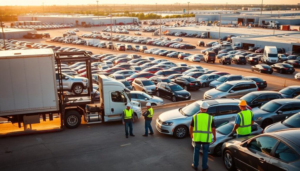 A busy car shipping yard in McAllen, Texas, with rows of vehicles awaiting transport. In the foreground, a large car carrier truck stands ready to load its cargo, its hydraulic lift extended. In the middle ground, workers diligently inspect and prepare the cars for shipment, their high-visibility vests and hard hats indicating a focus on safety. The background features a sprawling facility with various storage and loading areas, all under the warm glow of the South Texas sun. The scene conveys the efficiency and reliability of the auto transport services available in McAllen, supporting the article's subject. A busy car shipping yard in McAllen, Texas, with rows of vehicles awaiting transport. In the foreground, a large car carrier truck stands ready to load its cargo, its hydraulic lift extended. In the middle ground, workers diligently inspect and prepare the cars for shipment, their high-visibility vests and hard hats indicating a focus on safety. The background features a sprawling facility with various storage and loading areas, all under the warm glow of the South Texas sun. The scene conveys the efficiency and reliability of the auto transport services available in McAllen, supporting the article's subject.