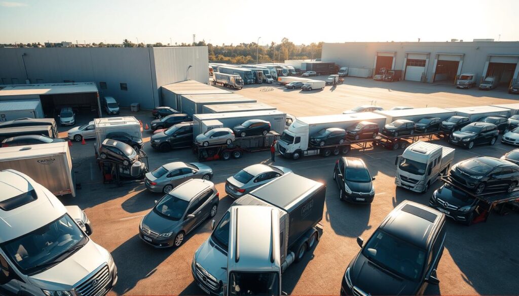 A busy car shipping yard on a sunny day, with a fleet of different-sized trucks and trailers neatly arranged in the foreground, displaying various car models. In the middle ground, workers are loading and securing vehicles onto the carriers, while in the background, a modern warehouse facility and administrative offices create a professional, organized atmosphere. The scene is captured with a wide-angle lens, emphasizing the scale and efficiency of the car shipping operation. The lighting is warm and natural, casting long shadows and highlighting the chrome and metallic details of the vehicles and equipment. A busy car shipping yard on a sunny day, with a fleet of different-sized trucks and trailers neatly arranged in the foreground, displaying various car models. In the middle ground, workers are loading and securing vehicles onto the carriers, while in the background, a modern warehouse facility and administrative offices create a professional, organized atmosphere. The scene is captured with a wide-angle lens, emphasizing the scale and efficiency of the car shipping operation. The lighting is warm and natural, casting long shadows and highlighting the chrome and metallic details of the vehicles and equipment.