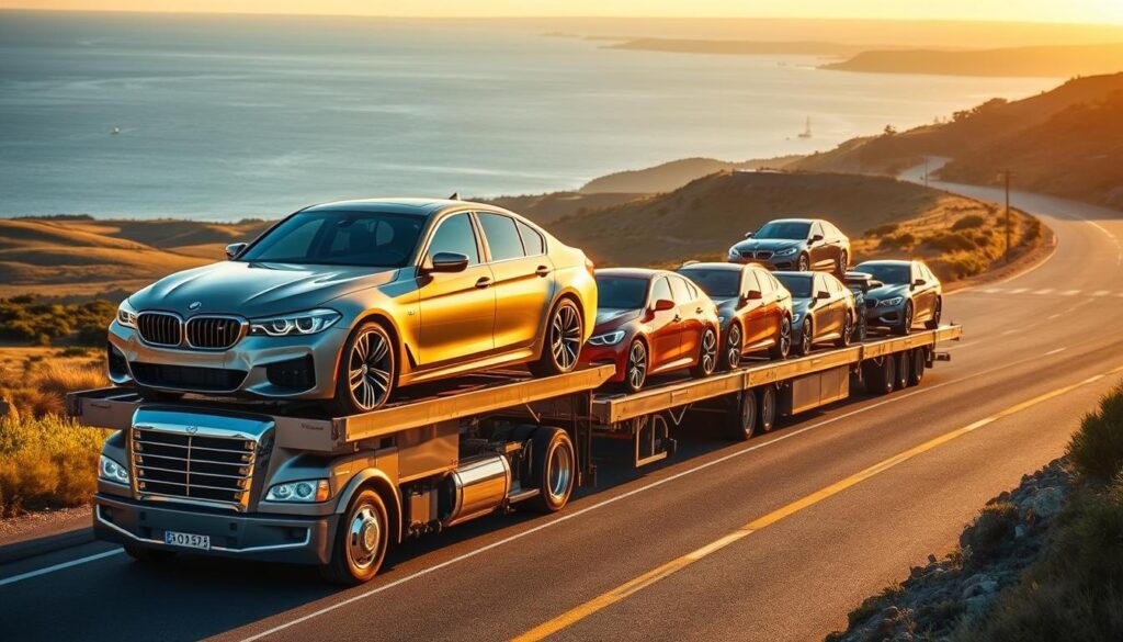 A car carrier truck, its expansive trailer carrying multiple vehicles, traverses a winding coastal road. The sun casts a warm, golden glow, illuminating the vibrant colors of the cars. In the foreground, a sleek, freshly washed luxury sedan sits atop the trailer, its polished chrome accents reflecting the light. The middle ground features a mix of mid-range sedans and SUVs, each secured with care. In the background, a picturesque seaside landscape unfolds, with rolling hills, lush greenery, and a distant horizon dotted with sailboats. The scene conveys a sense of efficiency, professionalism, and attention to detail in the vehicle shipping process. A car carrier truck, its expansive trailer carrying multiple vehicles, traverses a winding coastal road. The sun casts a warm, golden glow, illuminating the vibrant colors of the cars. In the foreground, a sleek, freshly washed luxury sedan sits atop the trailer, its polished chrome accents reflecting the light. The middle ground features a mix of mid-range sedans and SUVs, each secured with care. In the background, a picturesque seaside landscape unfolds, with rolling hills, lush greenery, and a distant horizon dotted with sailboats. The scene conveys a sense of efficiency, professionalism, and attention to detail in the vehicle shipping process.