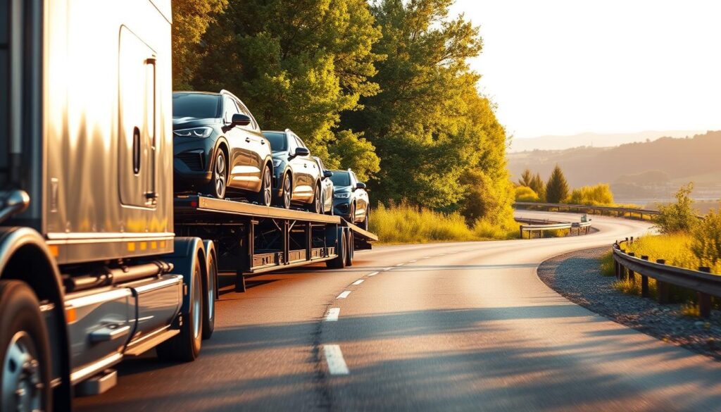 A car carrier truck navigates a winding, sun-dappled road, its trailer securely holding a fleet of shiny, modern automobiles. The scene is bathed in warm, golden light, creating a sense of reliability and trust. In the foreground, the truck's chrome detailing and sturdy construction convey a feeling of professionalism and care. The middle ground features lush, verdant foliage lining the road, while the background showcases a serene, picturesque landscape, hinting at the safe and tranquil journey the vehicles are undertaking. The overall composition and mood evoke a sense of dependability and transparency in the car shipping process. A car carrier truck navigates a winding, sun-dappled road, its trailer securely holding a fleet of shiny, modern automobiles. The scene is bathed in warm, golden light, creating a sense of reliability and trust. In the foreground, the truck's chrome detailing and sturdy construction convey a feeling of professionalism and care. The middle ground features lush, verdant foliage lining the road, while the background showcases a serene, picturesque landscape, hinting at the safe and tranquil journey the vehicles are undertaking. The overall composition and mood evoke a sense of dependability and transparency in the car shipping process.