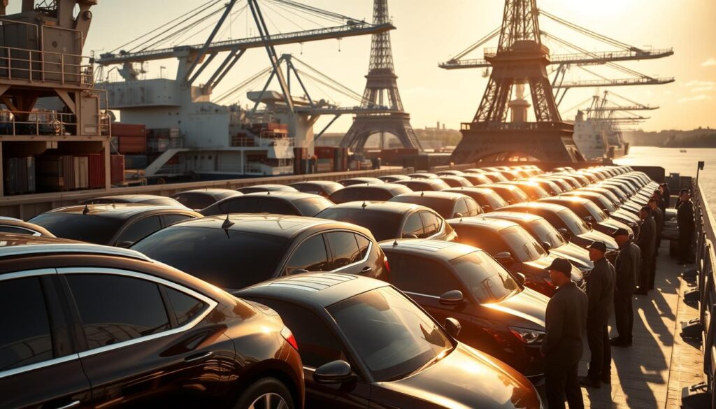 A cargo ship carrying an assortment of cars, with the Eiffel Tower visible in the distance. The ship is docked at a bustling port, surrounded by cranes and other shipping equipment. The scene is bathed in warm, golden sunlight, casting long shadows across the deck. The cars are secured in place, their glossy exteriors reflecting the activity around them. In the foreground, a team of experienced car handlers carefully inspect the vehicles, ensuring their safe transport to their final destination. The atmosphere conveys a sense of efficiency and professionalism, capturing the reliable and protected nature of the car shipping service.