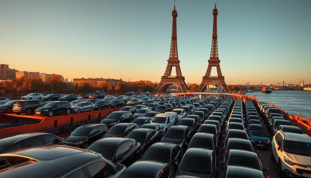 A cargo ship moored at a bustling Parisian port, its deck filled with a diverse array of automobiles awaiting transport to their final destinations. The scene is bathed in warm, golden sunlight, casting long shadows and highlighting the intricate details of the vehicles - their sleek curves, shiny chrome accents, and neatly packed rows. In the background, the iconic Eiffel Tower stands tall, a symbolic representation of the city's global reach and the international nature of the vehicle shipping industry. The overall atmosphere conveys a sense of efficiency, reliability, and the seamless integration of modern logistics with the timeless beauty of the Parisian cityscape.