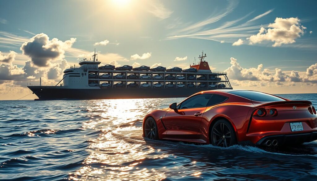 A cargo ship transporting a fleet of gleaming automobiles across a vast, shimmering ocean under a vibrant, sun-dappled sky. The vehicle carrier's towering decks are meticulously organized, each car secured with precision. In the foreground, a sleek sports car catches the golden light, its glossy paint reflecting the surrounding seascape. Wispy clouds drift overhead, casting soft shadows on the rippling waves below. The scene exudes a sense of efficiency, safety, and speed - the hallmarks of a reliable Helotes vehicle shipping service. A cargo ship transporting a fleet of gleaming automobiles across a vast, shimmering ocean under a vibrant, sun-dappled sky. The vehicle carrier's towering decks are meticulously organized, each car secured with precision. In the foreground, a sleek sports car catches the golden light, its glossy paint reflecting the surrounding seascape. Wispy clouds drift overhead, casting soft shadows on the rippling waves below. The scene exudes a sense of efficiency, safety, and speed - the hallmarks of a reliable Helotes vehicle shipping service.