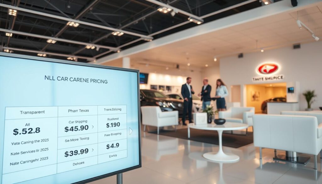 A clean, minimalist automotive showroom with sleek, modern furniture and well-lit displays showcasing various car pricing options. The foreground features a large, front-facing digital display with transparent pricing details for car shipping services from Pharr, Texas in 2025. The middle ground depicts a team of friendly, knowledgeable sales associates assisting customers, while the background showcases the company's branding and logo. The lighting is warm and inviting, creating a professional, yet approachable atmosphere. The overall composition conveys a sense of transparency, reliability, and exceptional customer service. A clean, minimalist automotive showroom with sleek, modern furniture and well-lit displays showcasing various car pricing options. The foreground features a large, front-facing digital display with transparent pricing details for car shipping services from Pharr, Texas in 2025. The middle ground depicts a team of friendly, knowledgeable sales associates assisting customers, while the background showcases the company's branding and logo. The lighting is warm and inviting, creating a professional, yet approachable atmosphere. The overall composition conveys a sense of transparency, reliability, and exceptional customer service.