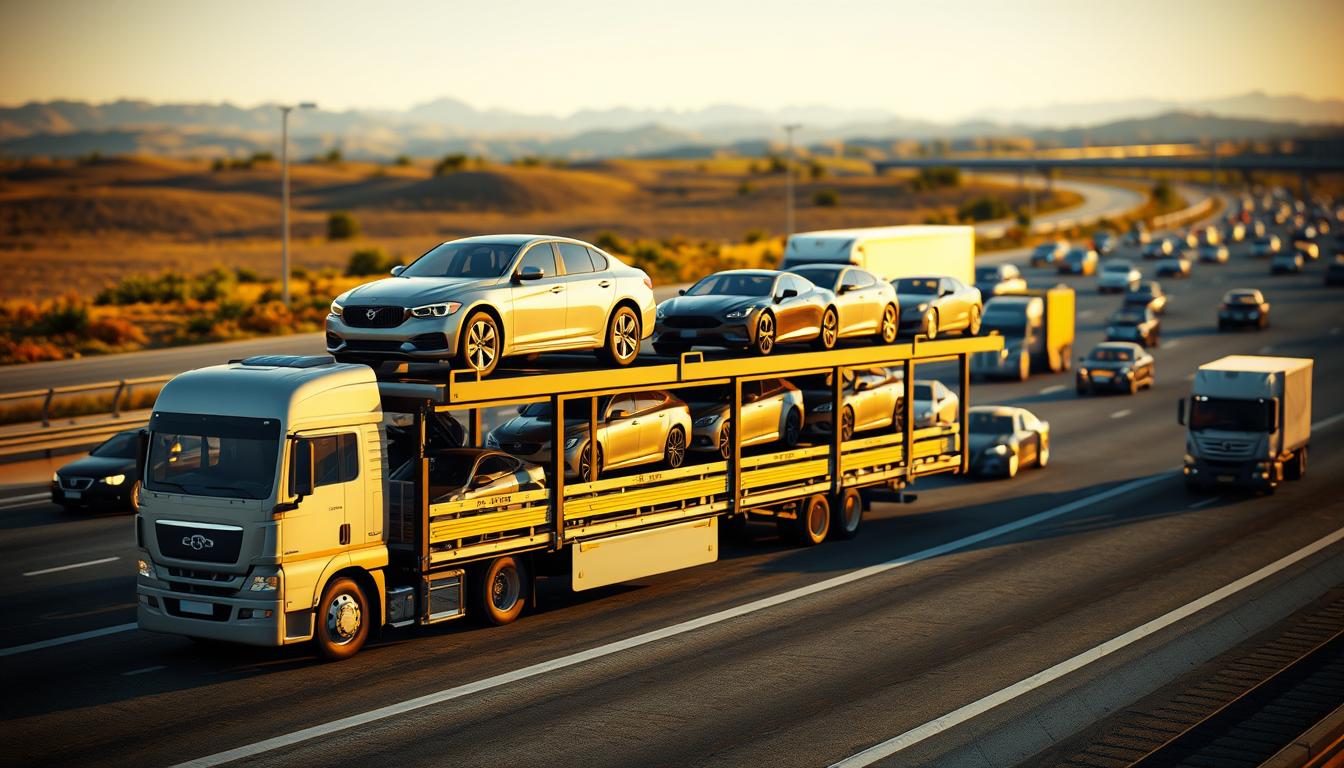 A detailed 3D rendering of a car transport truck transporting multiple vehicles, against a backdrop of a busy highway with other cars and trucks on the road. The scene is illuminated by natural sunlight, casting long shadows and highlights on the vehicles. The transport truck is positioned in the foreground, with its cargo of various makes and models of cars visible on the multiple levels. The middle ground features other vehicles in motion, capturing the sense of movement and activity on the highway. The background includes the horizon, with rolling hills or mountains in the distance, conveying a sense of scale and the vastness of the American landscape. The overall mood is one of efficiency, industry, and the logistical challenges of vehicle transport across the United States.
