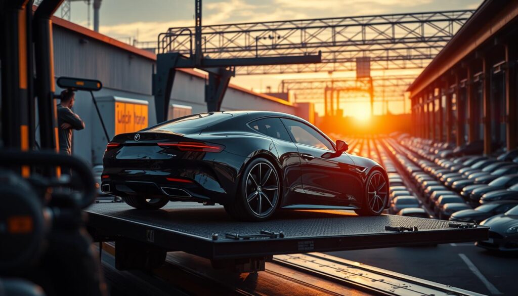 A detailed, cinematic scene depicting the car shipping process. In the foreground, a sleek, gleaming car is being carefully loaded onto a state-of-the-art car carrier, the driver meticulously guiding it into position. The middle ground shows the carrier's sturdy frame and powerful hydraulic lift, surrounded by the hustle and bustle of the shipping yard. In the background, rows of other vehicles await their turn, framed by the warm glow of the setting sun and the industrial architecture of the facility. The lighting is soft and directional, creating dramatic shadows and highlights that accentuate the machinery and the car's curves. The overall mood is one of efficiency, professionalism, and the care taken to ensure the safe transport of valuable vehicles. A detailed, cinematic scene depicting the car shipping process. In the foreground, a sleek, gleaming car is being carefully loaded onto a state-of-the-art car carrier, the driver meticulously guiding it into position. The middle ground shows the carrier's sturdy frame and powerful hydraulic lift, surrounded by the hustle and bustle of the shipping yard. In the background, rows of other vehicles await their turn, framed by the warm glow of the setting sun and the industrial architecture of the facility. The lighting is soft and directional, creating dramatic shadows and highlights that accentuate the machinery and the car's curves. The overall mood is one of efficiency, professionalism, and the care taken to ensure the safe transport of valuable vehicles.
